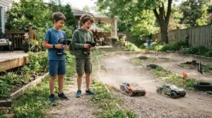 Friends racing remote control cars for kids using advanced 24 GHz remote control transmitters